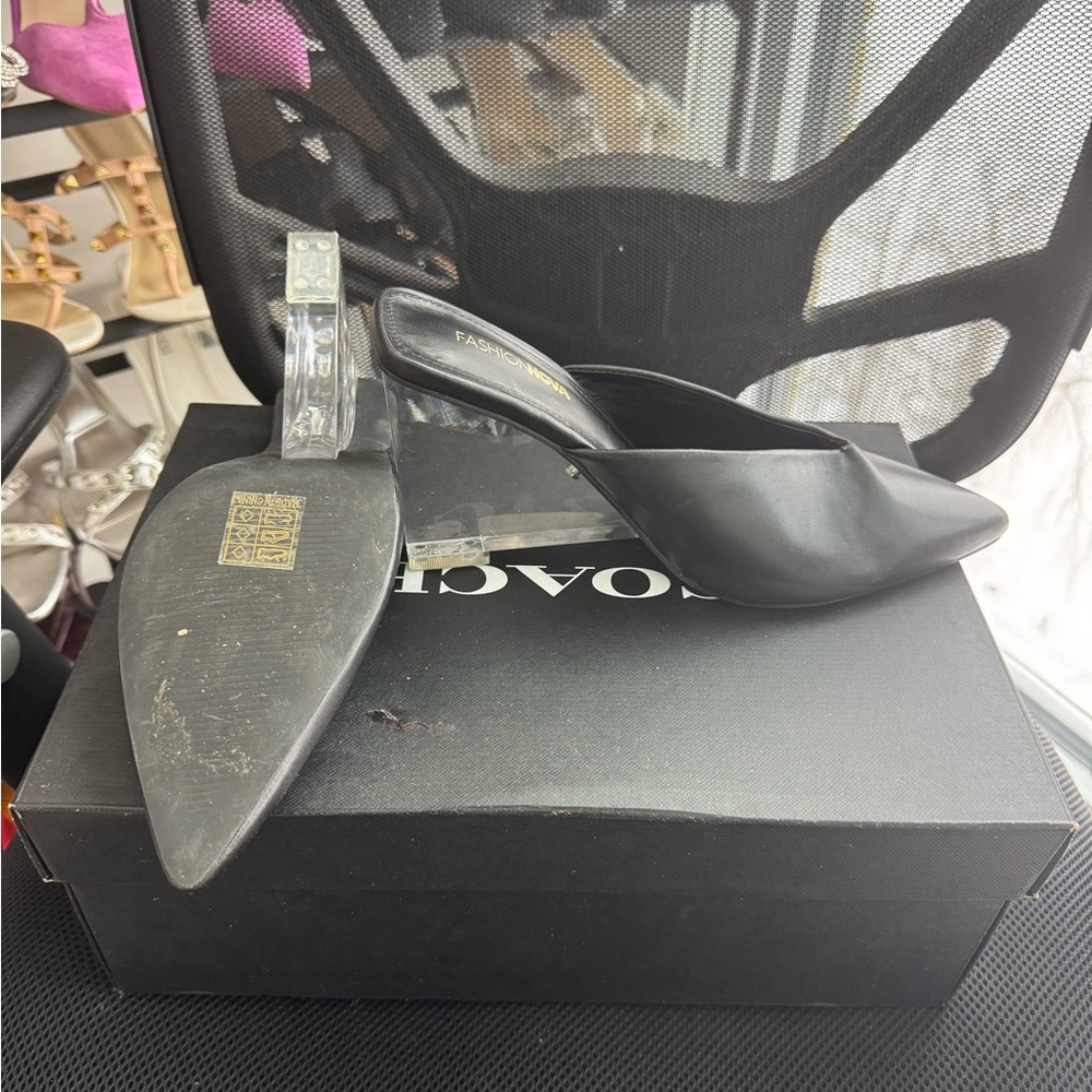 Fashion Nova Black Mules with Clear Strap